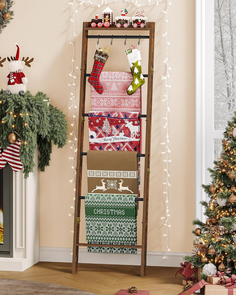 Hzuaneri Blanket Ladder Shelf, Decorative Quilt Rack, 7-Tier Farmhouse Ladder...