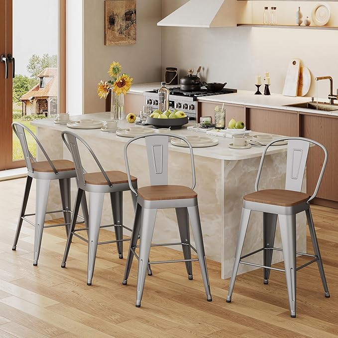 Andeworld Metal Bar Stools Set of 4, 30 inch Bar Height Barstools with Backs Farmhouse Modern High Back Bar Stools with Larger Seat Kitchen Dining Bar Chairs,Silver