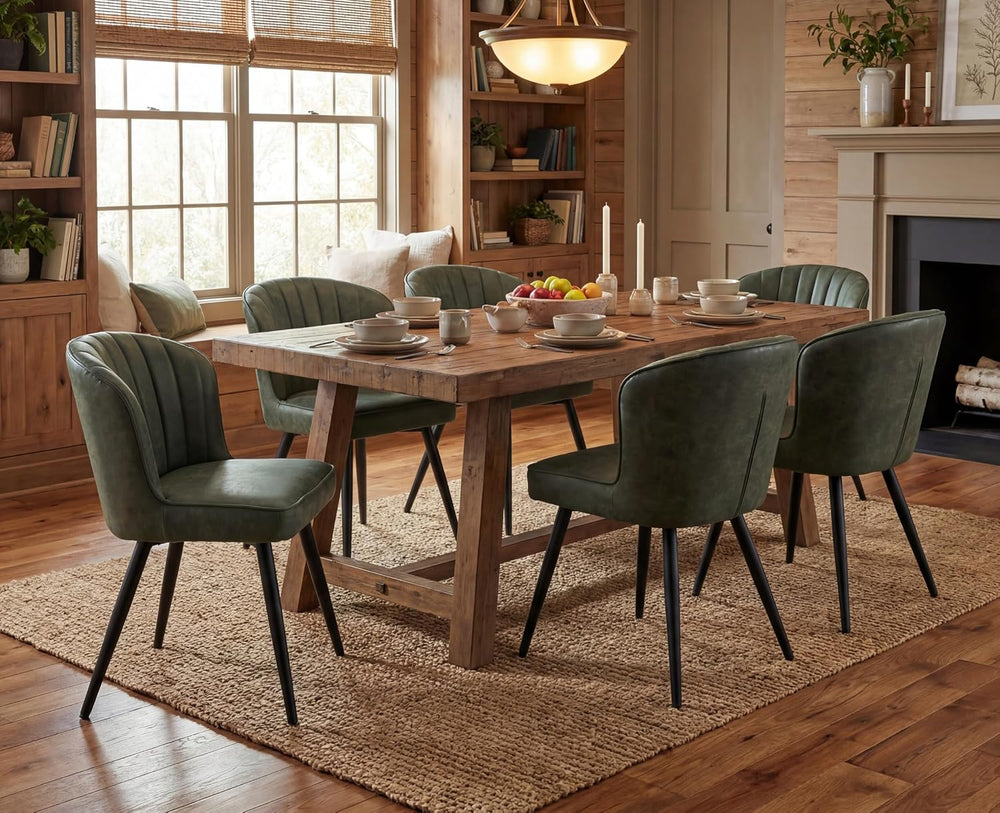EALSON Modern Dining Chairs Set of 6, Upholstered Green Faux Leather Seater w...