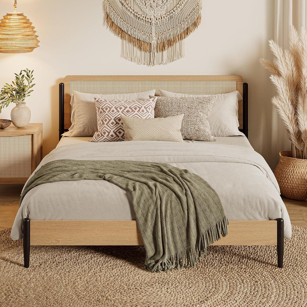 LIKIMIO Natural Rattan Queen Bed Frame with Wooden Headboard