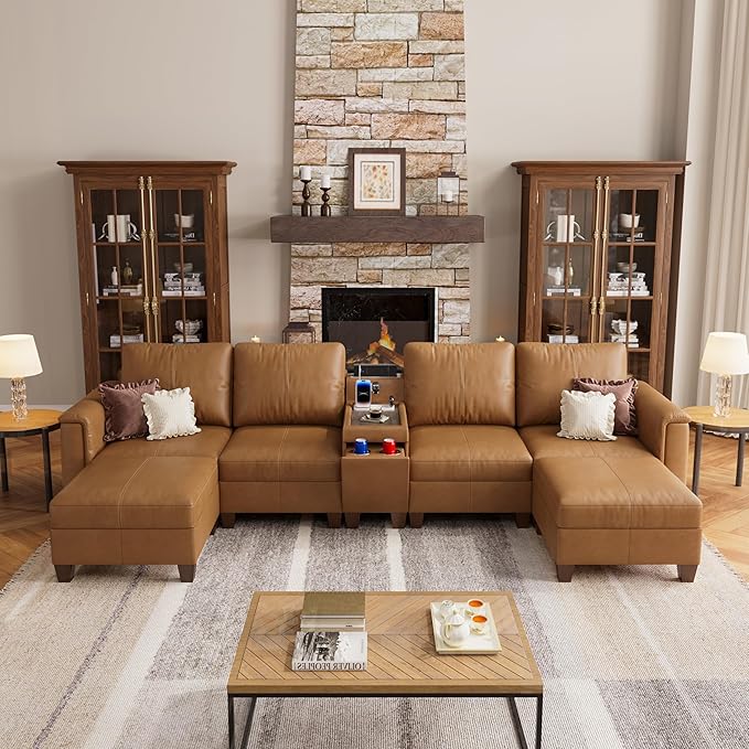 SITJOY 132" Faux Leather Modular Sectional Sofa with Storage, Mid Century Modern Sectional Couches for Living Room, 6 Seat U Shaped Couch with Chaise and Console Table, Hidden Cupholders, Brown