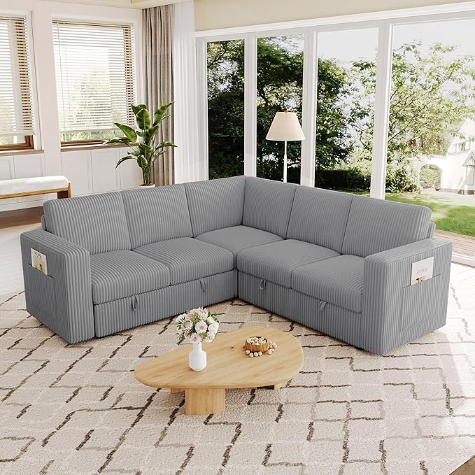 83.5" Sectional Sleeper Sofa with Pull Out Couch, Modern 5 Seat L Shaped Modular Couch, Sectionals Modular Sofa with Storage, Comfy Corduroy Couches Sectional for Living Room & Apartment, Gray