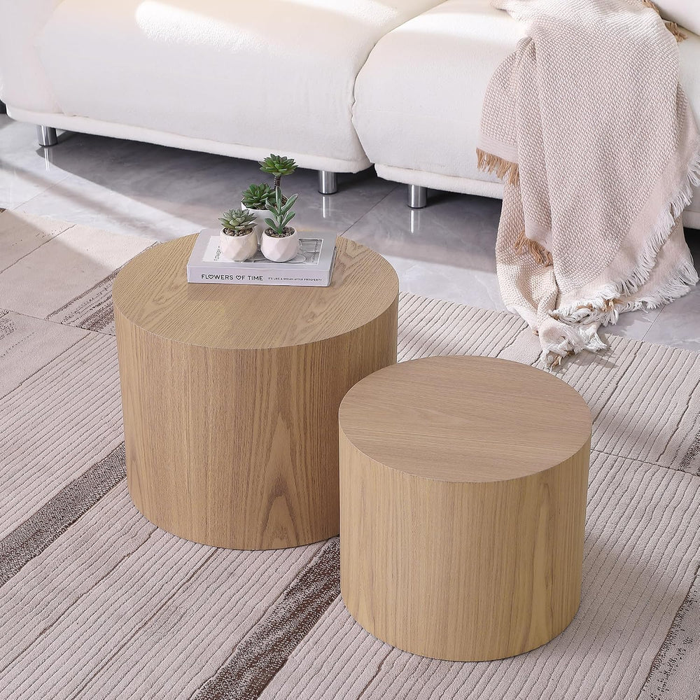 Black Round Nesting Coffee Table Set of 2, Modern Wood Side Table Full Assemb...