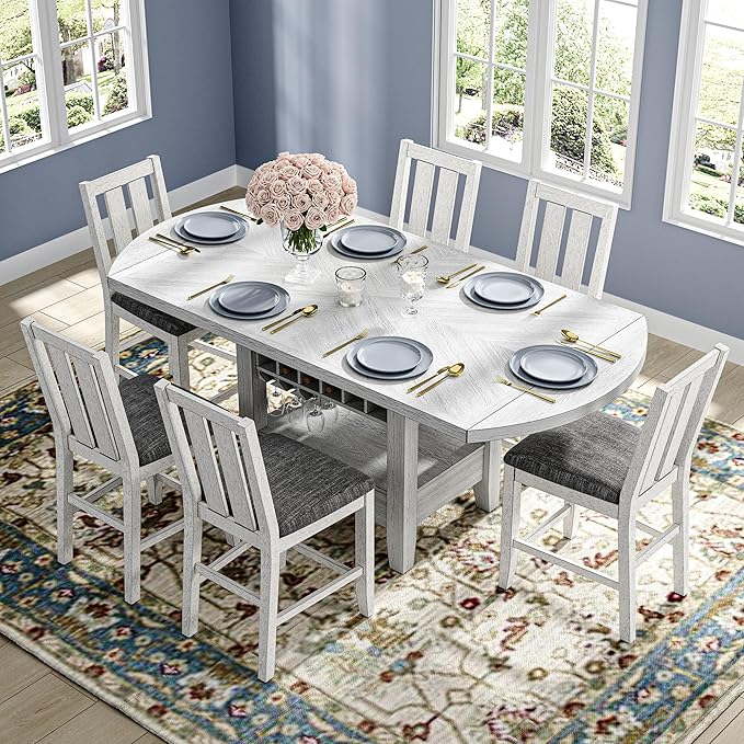 Solid Wood Dining Table Set for 6, Modern Breakfast Dinette Expandable Drop Leaf Kitchen Table with Chairs for Dining Room, Kitchen, Grey