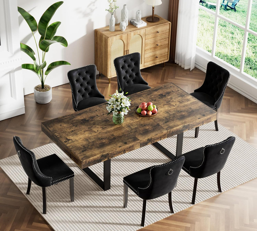 7-Piece Extendable Dining Table Set for 6, 63-78 Inch Rustic Brown Kitchen Ta...
