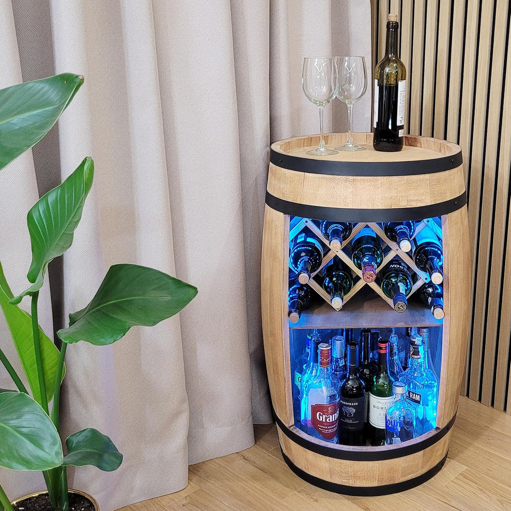 Wooden Barrel with Wine Holder - Wine Rack. 80 cm. Rustic Decorative Bar Cabinet Wine Stand - Home Bar R.G.B. Draft Beer, Whisky Bar Bottle Stand. Home Bar Gift for Man (Light Brown)