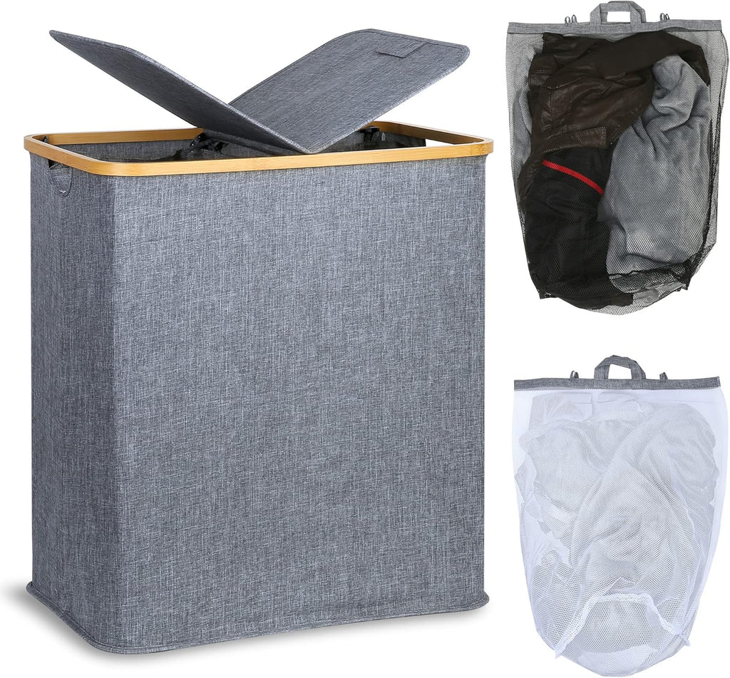 efluky Laundry Hamper with Lid, Double Laundry Hamper with 2 Removable Bags, 2 Section Laundry Basket with Bamboo Handles for Bathroom, Bedroom & Laundry Room, 140L (36.9 Gallon) Blue Grey