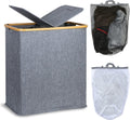 efluky Laundry Hamper with Lid, Double Laundry Hamper with 2 Removable Bags, 2 Section Laundry Basket with Bamboo Handles for Bathroom, Bedroom & Laundry Room, 140L (36.9 Gallon) Blue Grey