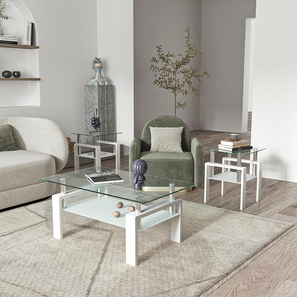 Living Room Tables Set,3 Piece Glass Coffee Table and End Tables Set for Livi...
