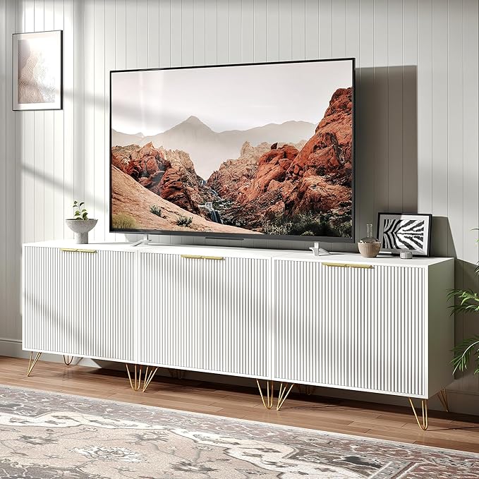 Fluted TV Stand for 90 Inch TV, Modern TV Stand Console, White Entertainment ...