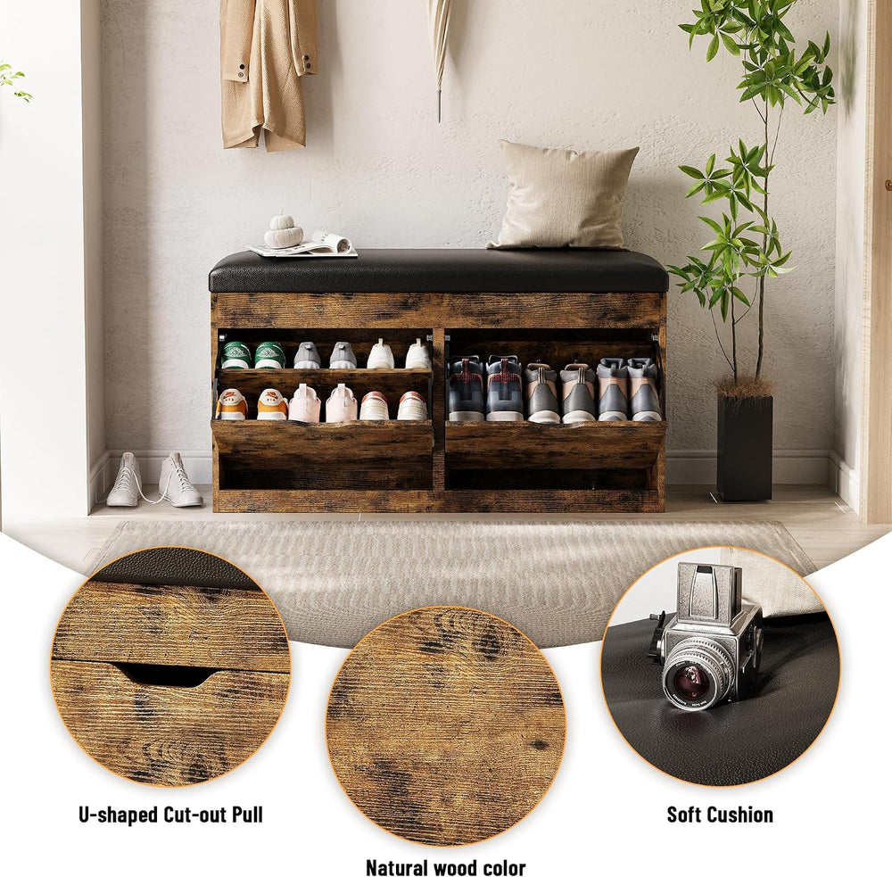 40" Shoe Storage Bench with 2 Flip Drawers & Padded Seat Cushion, Sh...