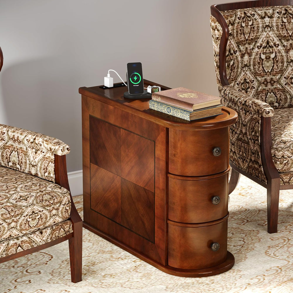 Solid Wood End Table with Charging Station, No Assembly Required Narrow Sofa ...