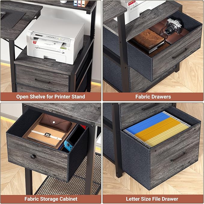 Aheaplus Computer Desk with 3 Drawers, Home Office Desk with File Drawer & Power Outlet, 59'' Gaming Desk with Led Lights, Work Desk with Storage Shelves, Printer Cabinet and Monitor Shelf, Grey Oak