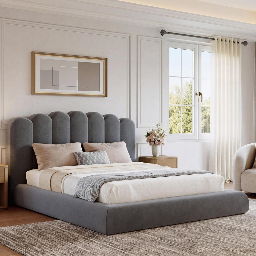 Queen Size Cloud Bed Frame with Wave Headboard, Plush Foam Upholstered Platfo...