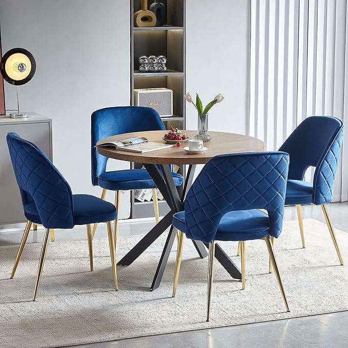 NORDICANA Modern Dining Chair Set of 4, Navy Blue Velvet Fabric Upholstered Accent Chairs with Golden Metal Legs, Round Back Side Chairs for Kitchen Living Room Bedroom