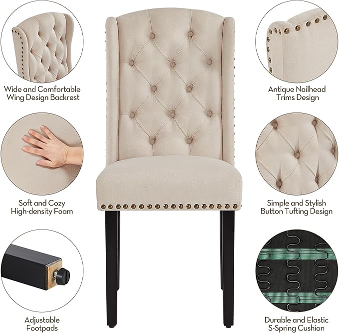 Yaheetech Upholstered Dining Chairs Set of 2 Button Tufted Kitchen Chairs with Solid Wood Legs and Nailhead Trims for Dining Room, Living Room, Restaurant, Beige