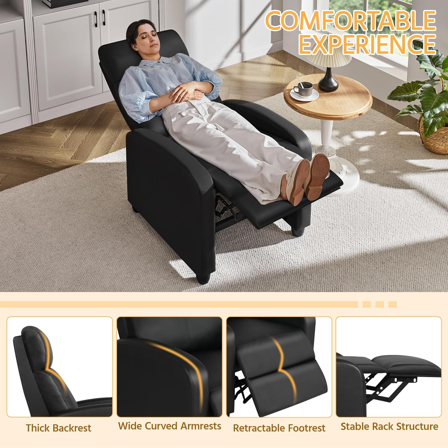 Yaheetech Recliner Chair PU Leather Recliner Sofa Home Theater Seating with Lumbar Support Overstuffed High-Density Foam & Pocket Springs, Push Back Recliners Armchair for Living Room