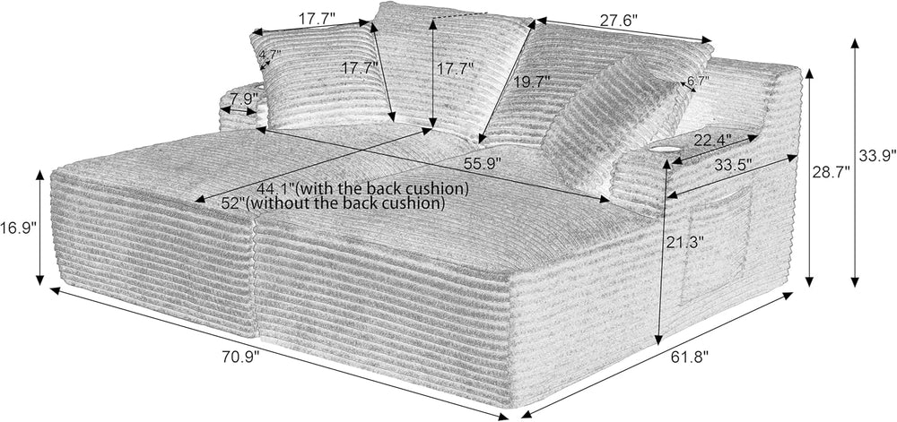 Eafurn Oversized Double Chaise Lounge Indoor with Cup Holders & Side Pock...