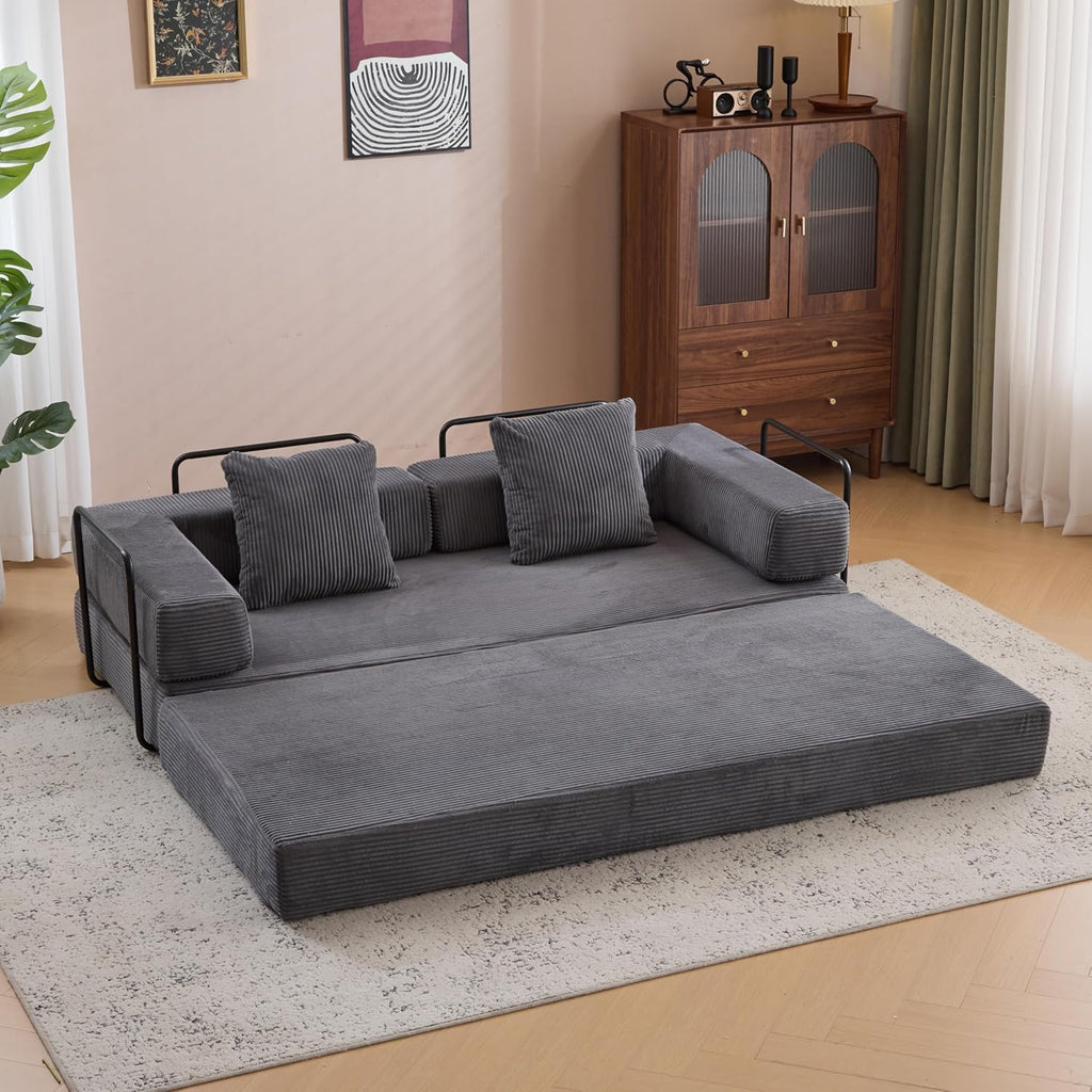 ZEIINPA Convertible Floor Sofa Bed with Fixed-Shape Frame, Modular Corduroy Folding Mattress Couch with Armrest, Floor Sofa Lounge Couch for Living Room Bedroom Lounge Studio,Dark Gray