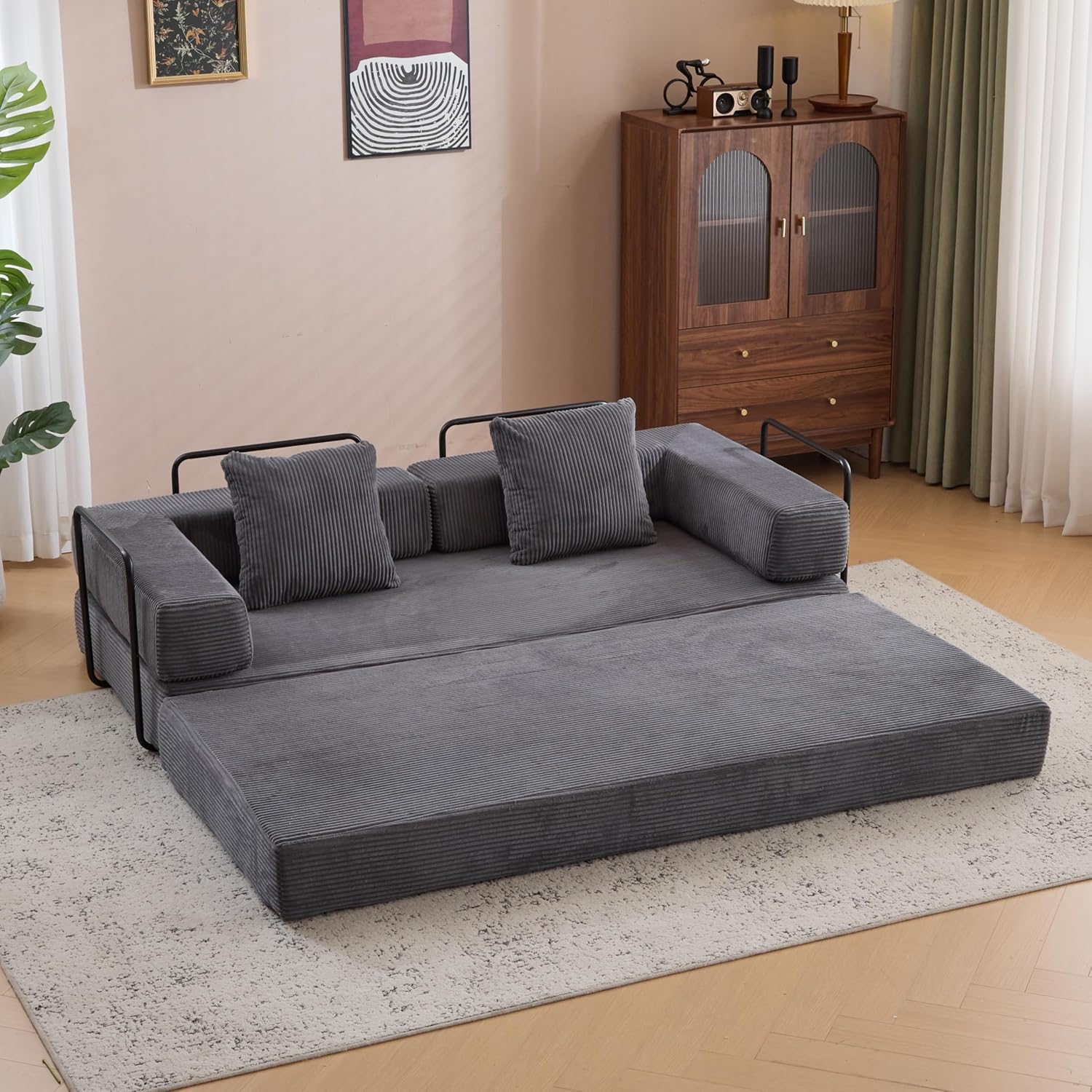 ZEIINPA Convertible Floor Sofa Bed with Fixed-Shape Frame, Modular Corduroy Folding Mattress Couch with Armrest, Floor Sofa Lounge Couch for Living Room Bedroom Lounge Studio,Dark Gray