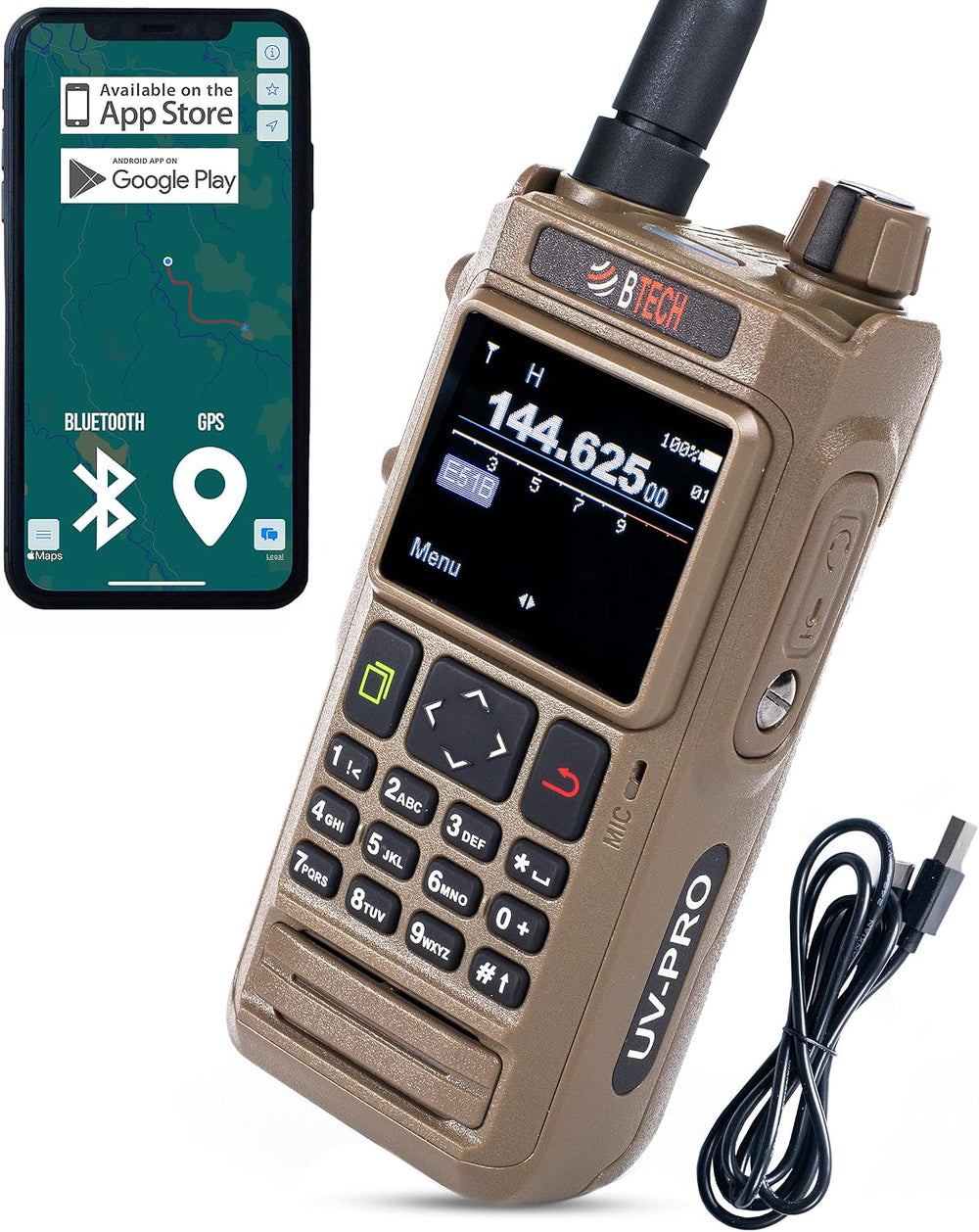 BTECH UV-PRO (TAN) IP67 Dual Band VHF/UHF Two-Way Radio - APRS, Bluetooth, GP...