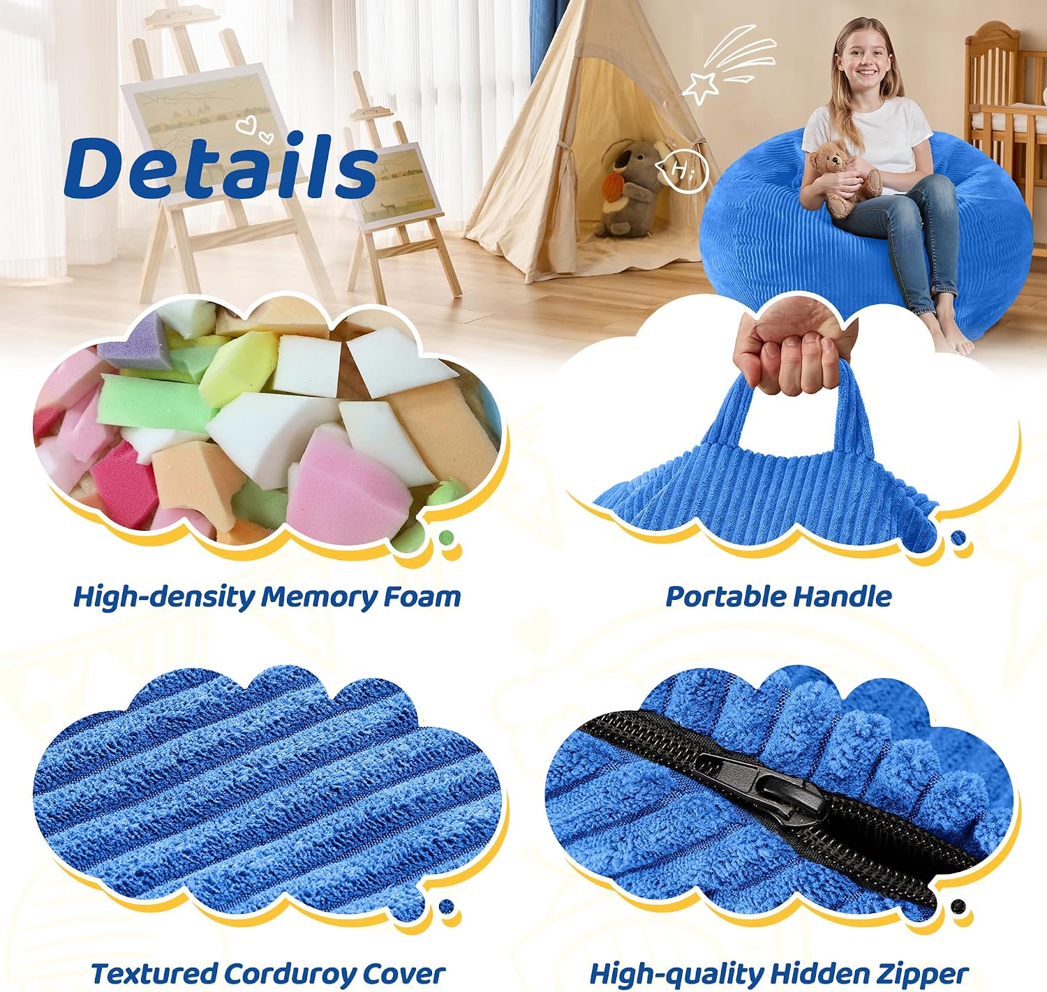 2FT Bean Bag Chair: 2' Bean Bags with Memory Foam Filled,Comfy Beanbag Chairs Teardrop Bean Bag Sofa with Corduroy Cover