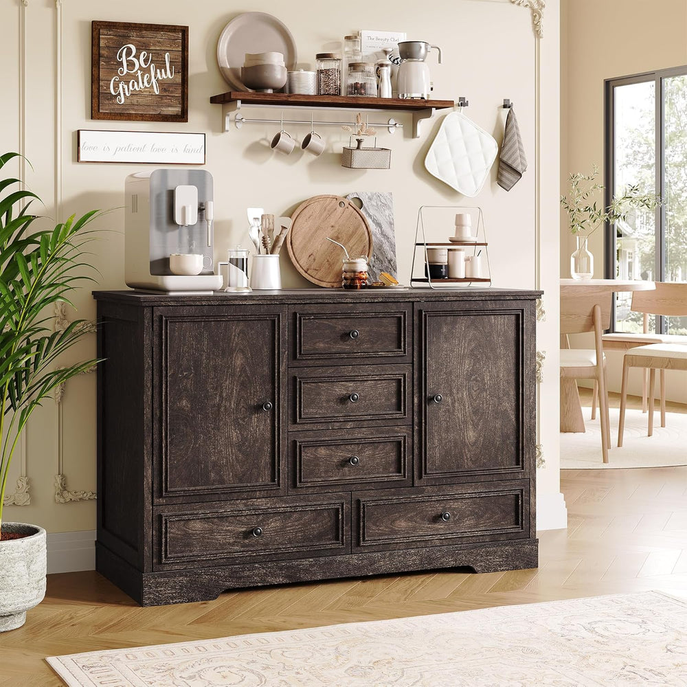 GarveeHome 47” Farmhouse Sideboard Buffet Cabinet,5 Drawers,2 Doors,Brown01