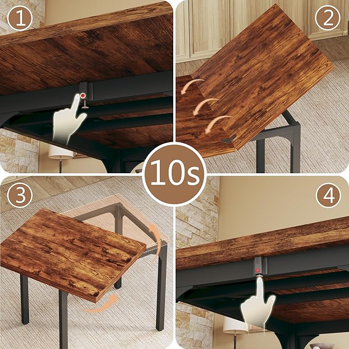 Dining Table Set for 4, Extendable Kitchen Table Cushion Chairs Set of 4, Rectangle Dining Table with Metal Frame & MDF Board, Folding for Small Apartment Saving Space, Rustic Brown