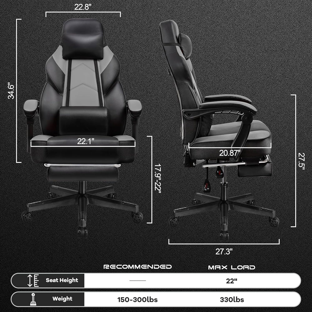 Gaming Chair for Adults, Grey Video Game Chair with Footrest, Big and Tall Ga...