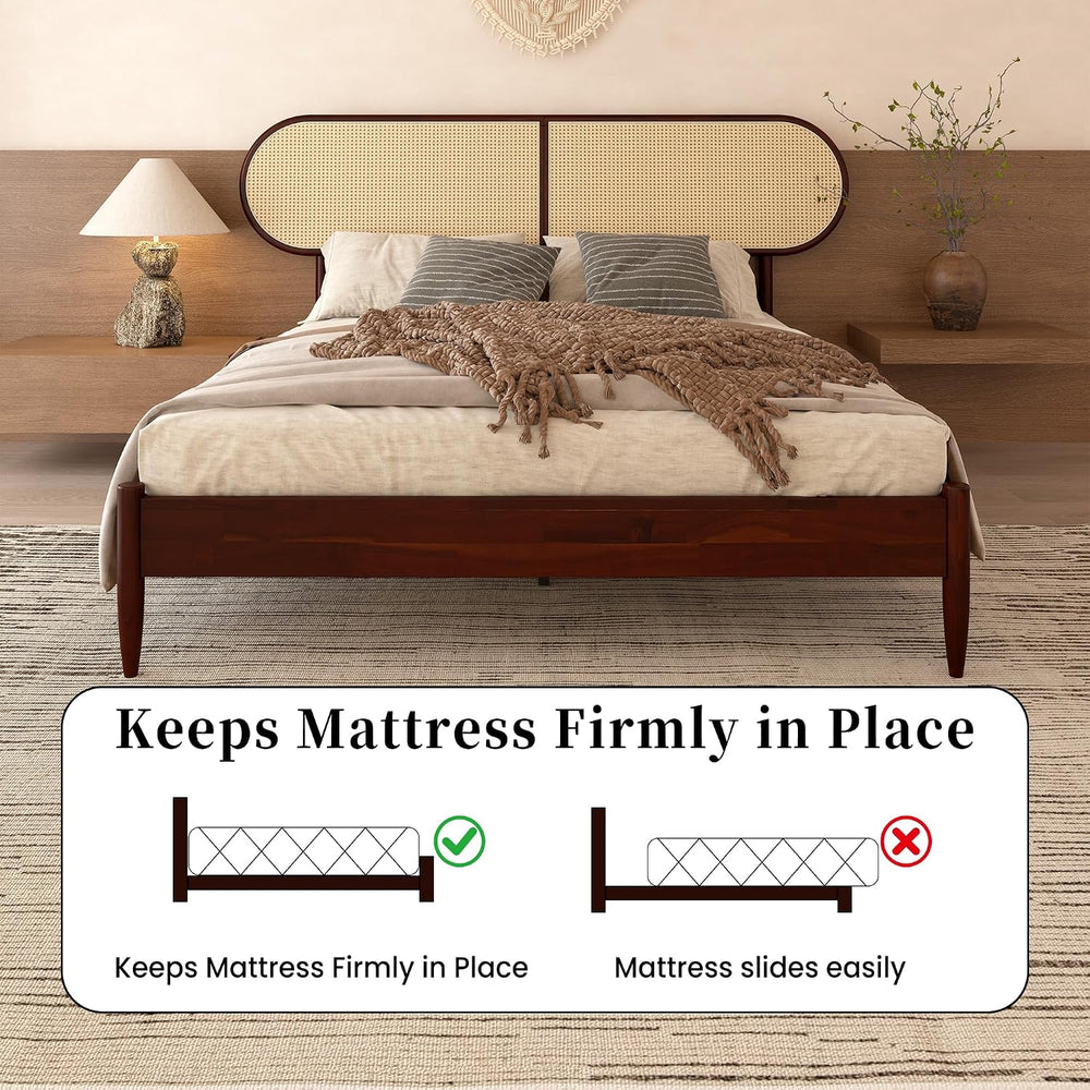 Queen Size Solid Wood Bed Frame, Rattan Boho Headboard, Dark Walnut