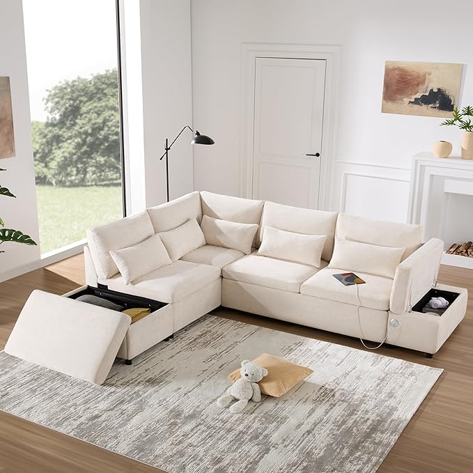 Ball & Cast Modular Convertible L-Shaped Sectional Sleeper Sofa Bed Pull Out Couch with Moveable Storage Ottoman,Oversized Chenille Pull-Out Sofa Bed W/Reclining Armrest&USB Port,for Living Room,Beige