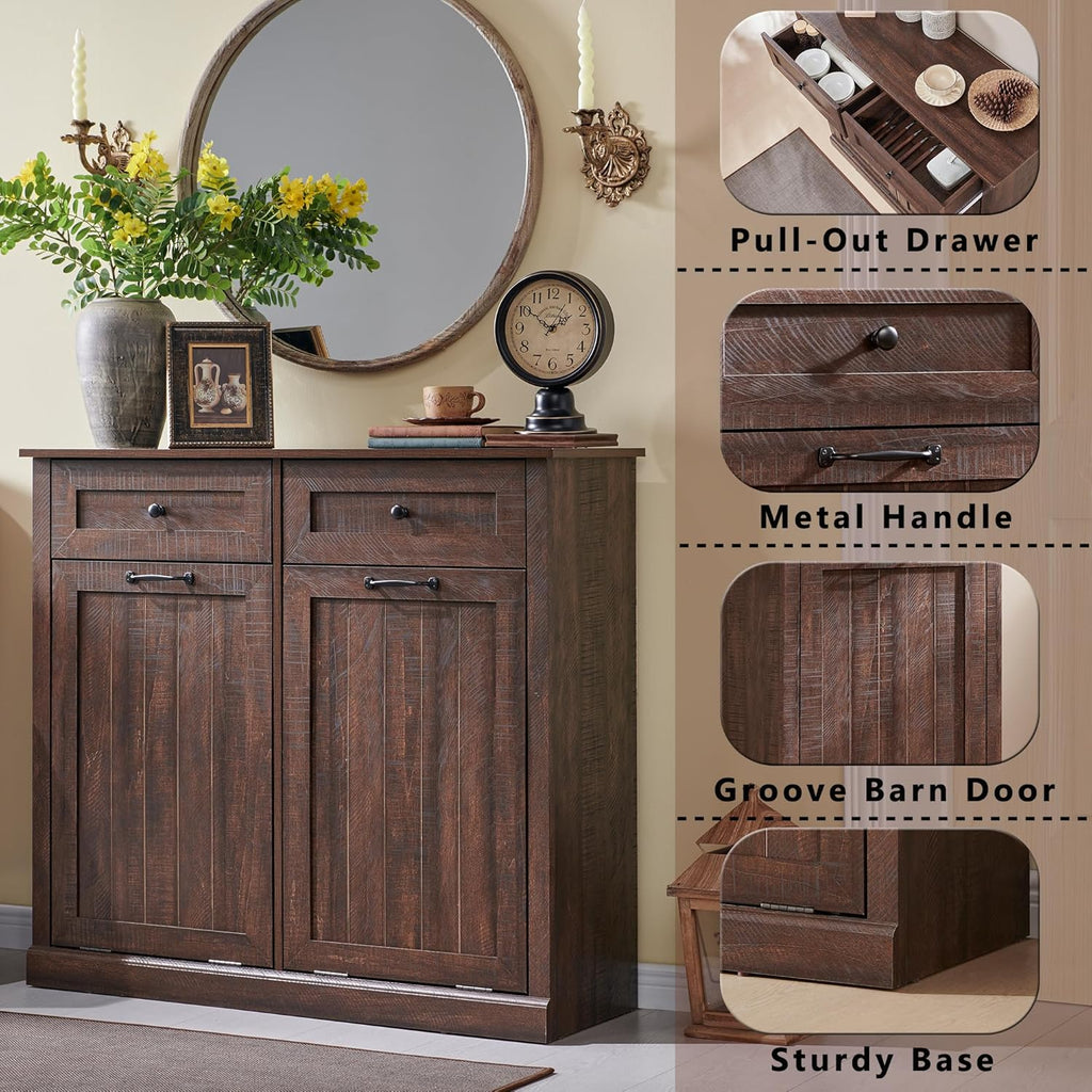 Double Tilt Out Trash Cabinet, 20 Gallon Farmhouse Laundry Hamper Cabinet with 2 Drawers, Hidden Wooden Trash Can Cabinets with Storage Basket for Kitchen, Living Room (Brown)