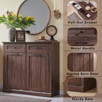 Double Tilt Out Trash Cabinet, 20 Gallon Farmhouse Laundry Hamper Cabinet with 2 Drawers, Hidden Wooden Trash Can Cabinets with Storage Basket for Kitchen, Living Room (Brown)
