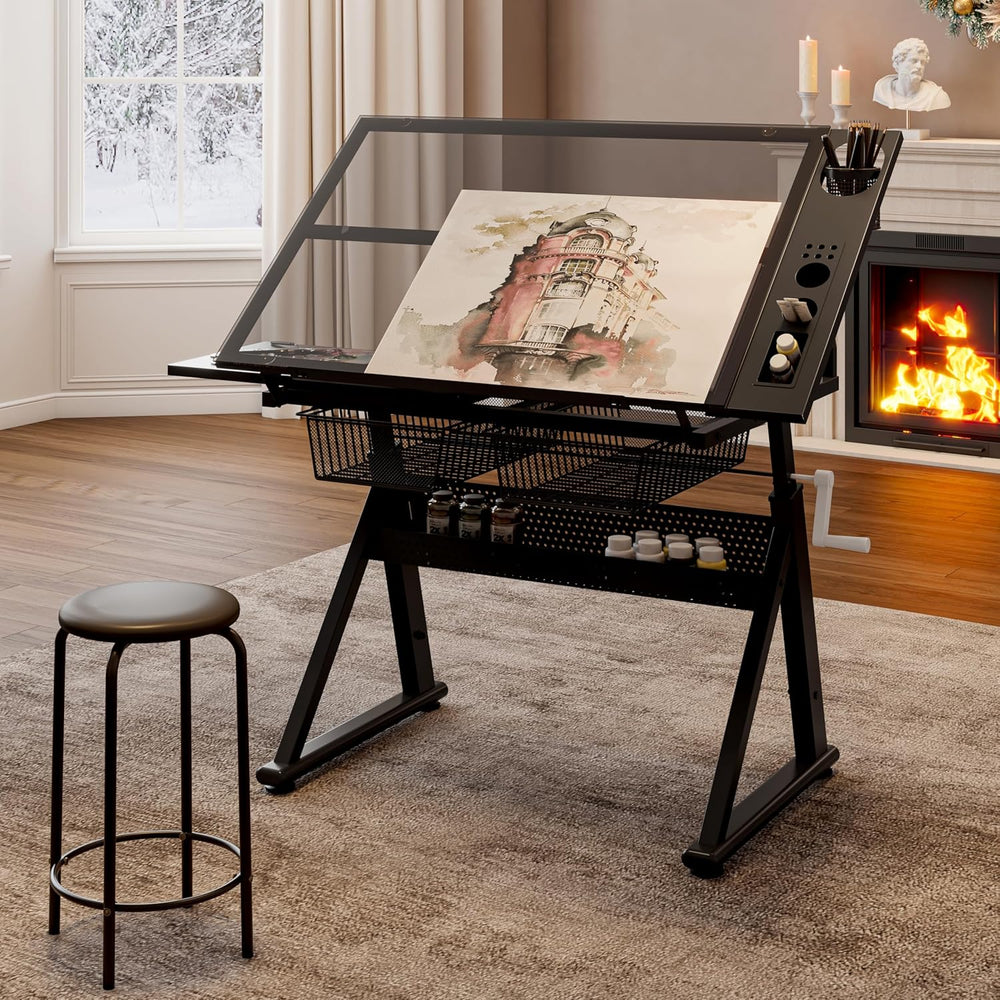 Drafting Table with Storage and Stool, Art Desk for Adults Hand Crank Adjusta...