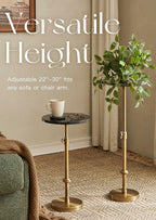 Adjustable-Height Marble Drink Table - 12x12x22-30, Black Marble & Antique Brass, Modern Round End Table, Side Table with Pedestal Stand for Small Spaces, Vintage Metal Martini Cocktail Accent