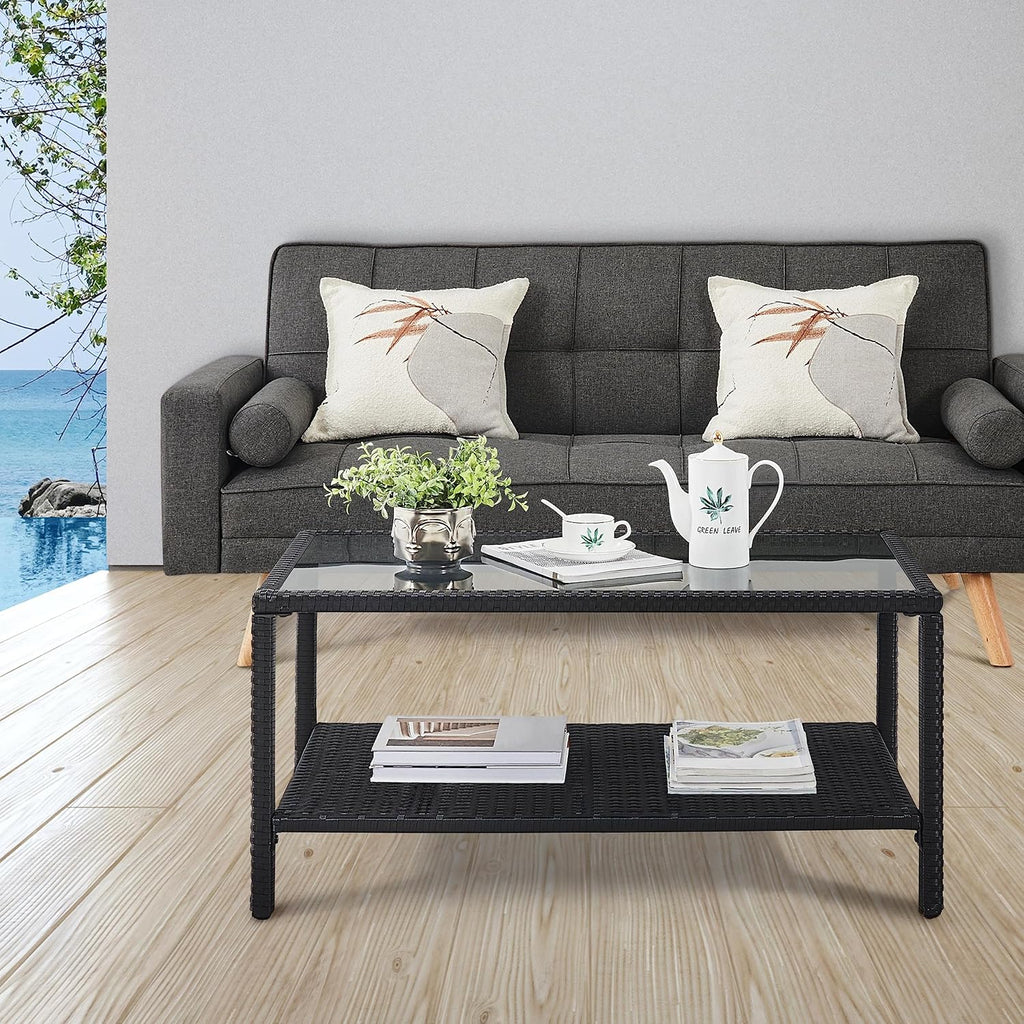 Yaheetech Outdoor Wicker Coffee Side Table with Tempered Glass Top, Black | All-Weather Rattan Patio Storage Furniture for Garden