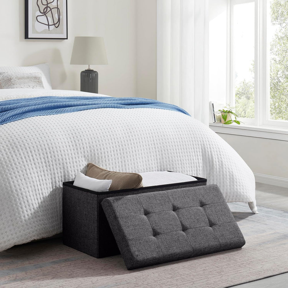 Ornavo Home 30 Inch Folding Storage Ottoman Bench, Tufted Linen, Dark Gray | ...