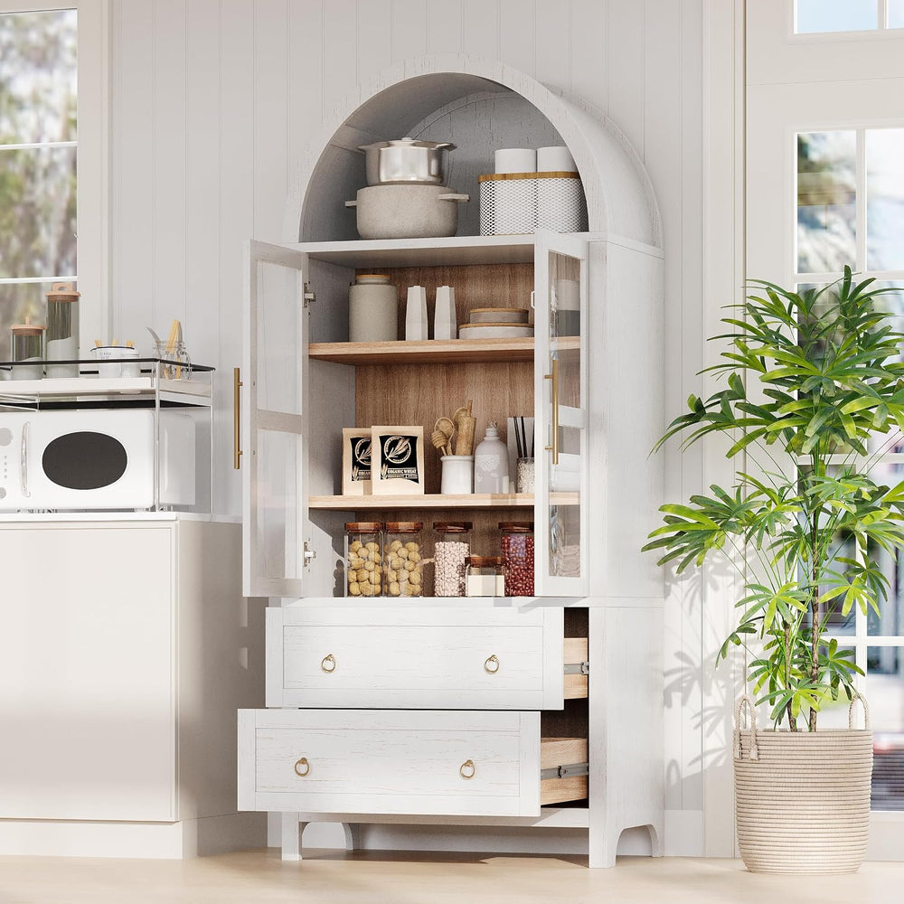 Tall Arched Pantry Cabinet with Glass Doors,White Kitchen Pantry with Adjusta...
