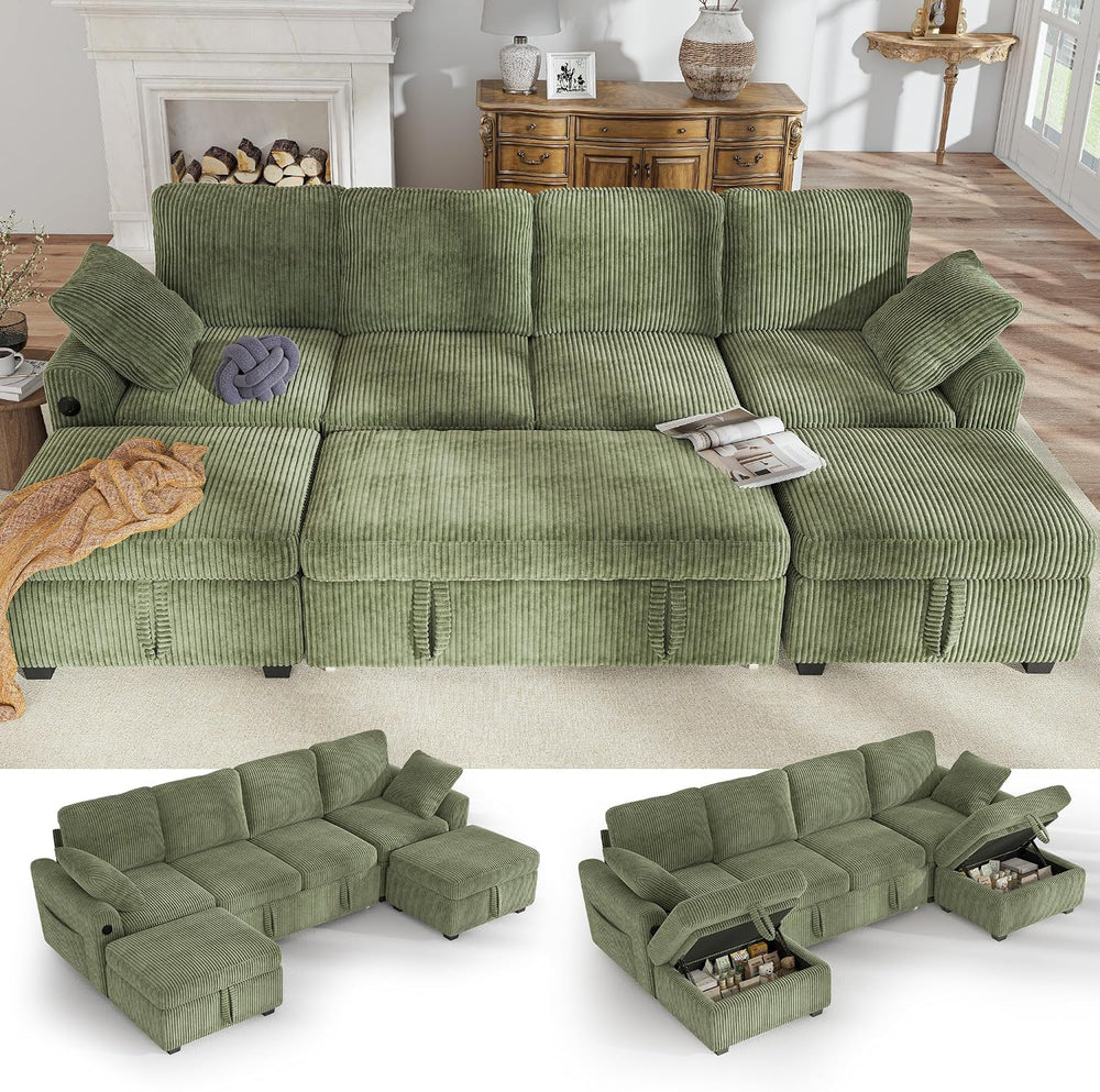 Hanherry 104" Sectional Sofa with Pull Out Couch Bed,Corduroy 4 Seater S...