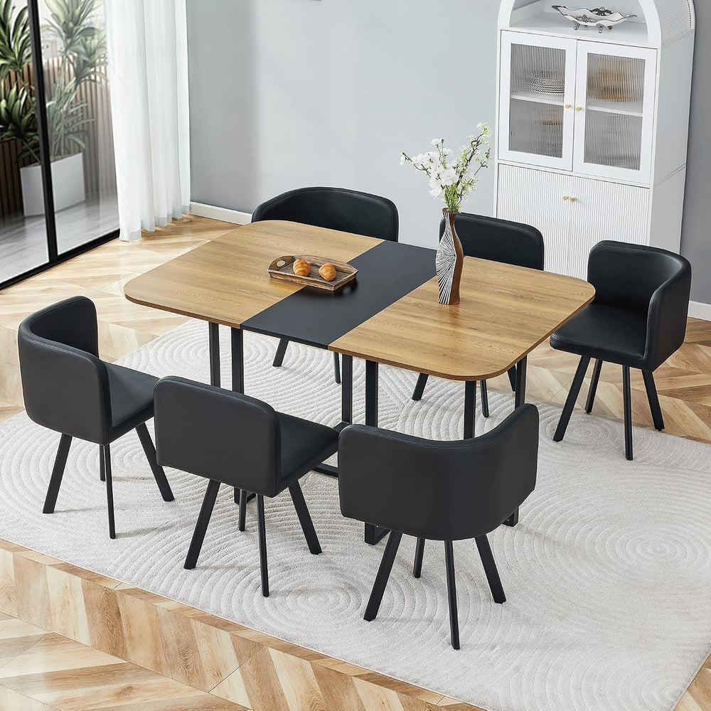 Dining Table Set for 6, 60" Faux Marble and Wood Kitchen Table with 6 PU...