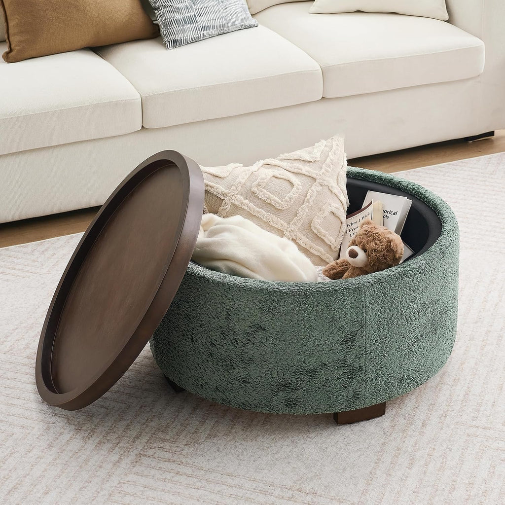 Zihanhome 30" Round Chenille Storage Ottoman Coffee Table with Removable Tray Top, Large Hidden Storage Ottoman, Solid Wood Legs for Living Room, Bedroom, Apartment (Moss Green)
