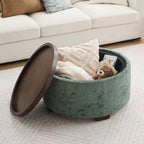 Zihanhome 30" Round Chenille Storage Ottoman Coffee Table with Removable Tray Top, Large Hidden Storage Ottoman, Solid Wood Legs for Living Room, Bedroom, Apartment (Moss Green)