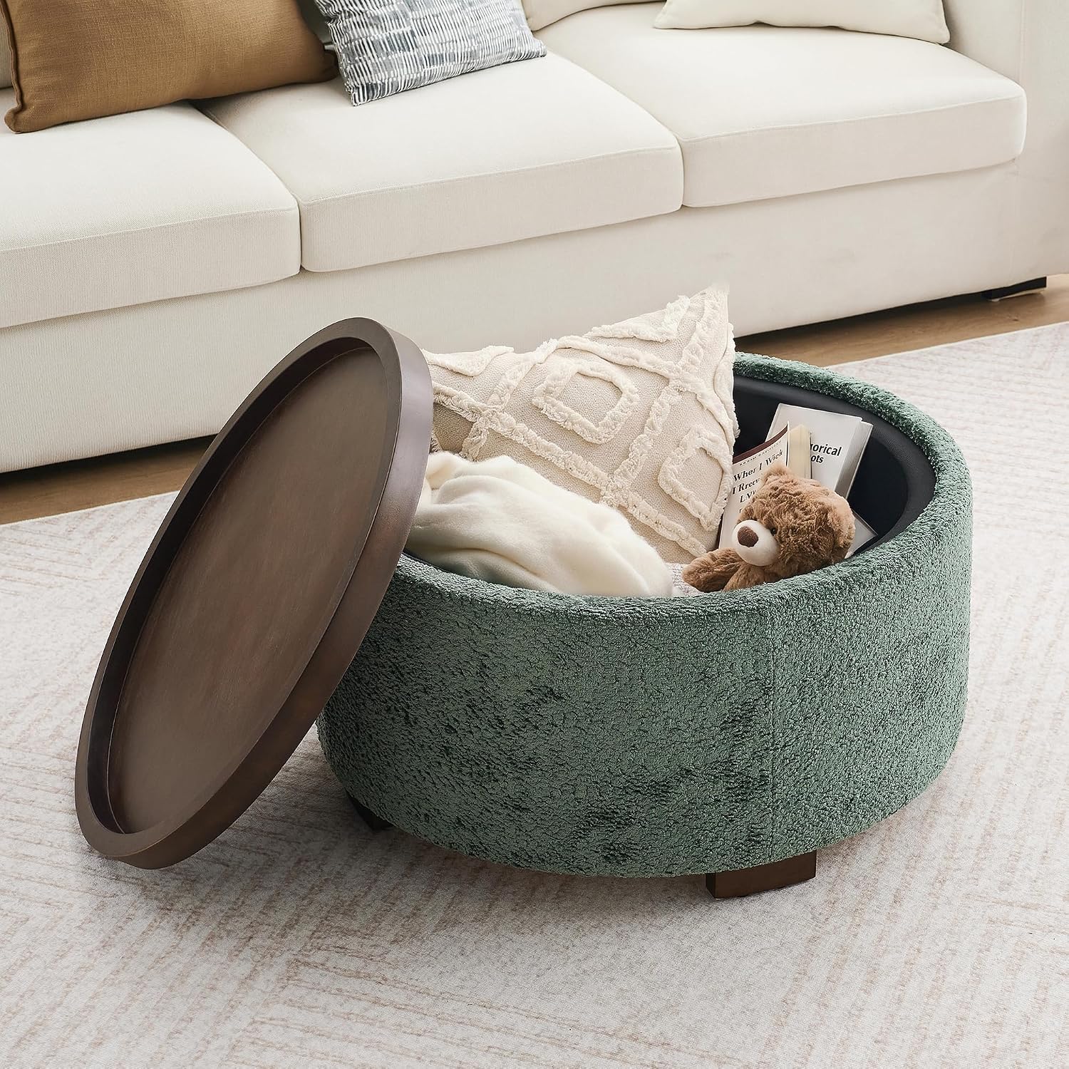 Zihanhome 30" Round Chenille Storage Ottoman Coffee Table with Removable Tray Top, Large Hidden Storage Ottoman, Solid Wood Legs for Living Room, Bedroom, Apartment (Moss Green)
