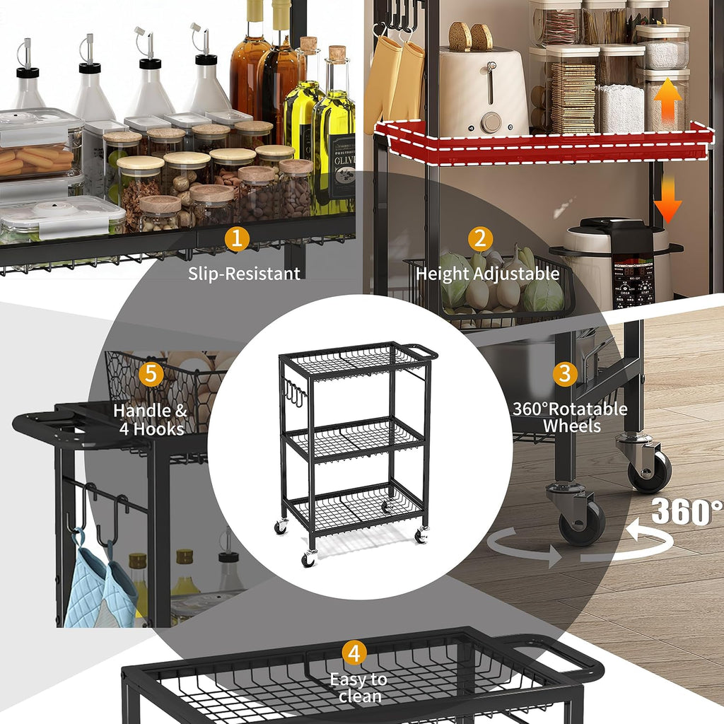 3-Tier Rolling Cart, Space-Saving Kitchen Cart with 150Lbs Capacity, Black Storage Cart with 2 Lockable Wheels for Kitchen Island, Restaurant, Garage, Backyard（No Wooden Boards, Lightweight Version）