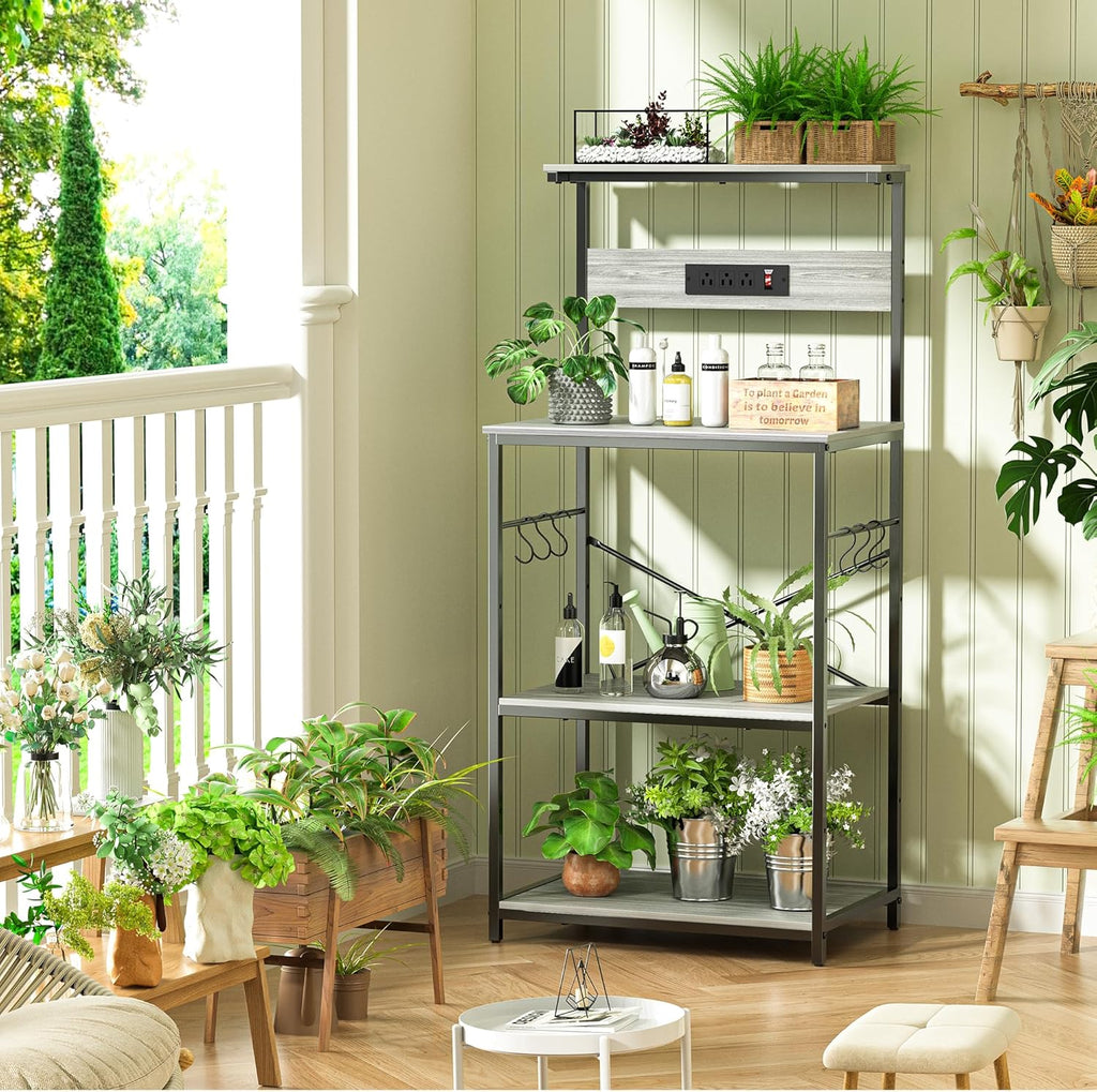 VUSIGN Kitchen Bakers Rack with Power Outlet, 4 Tiers Microwave Stand with Storage, 23.6 Inch Coffee Bar Station with 6 S Hooks, Adjustable Shelf Rack for Pots/Pans/Spices, Gray