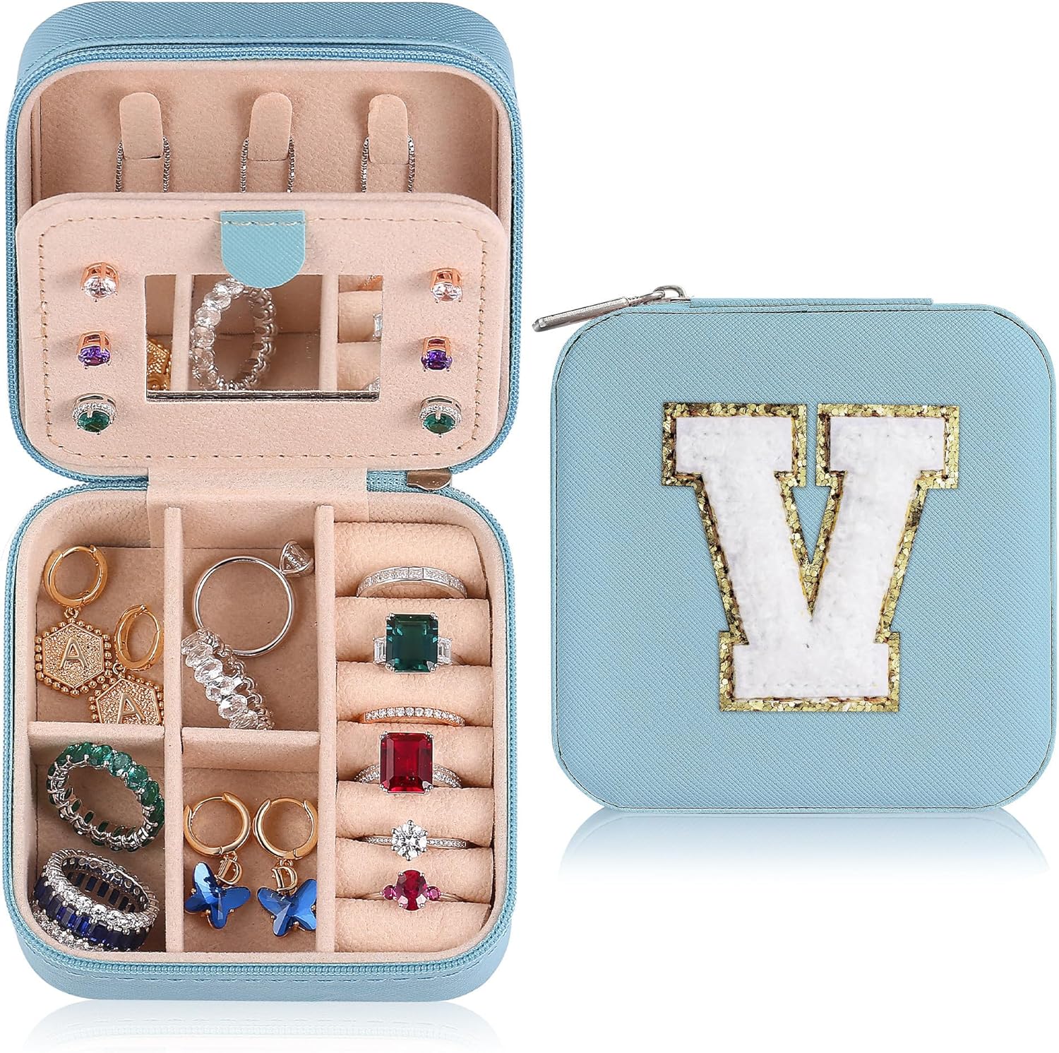 Parima Women's Jewelry Organizer | Necklace, Earring, Ring Organizer | Sky Blue, Letter V Travel Gift