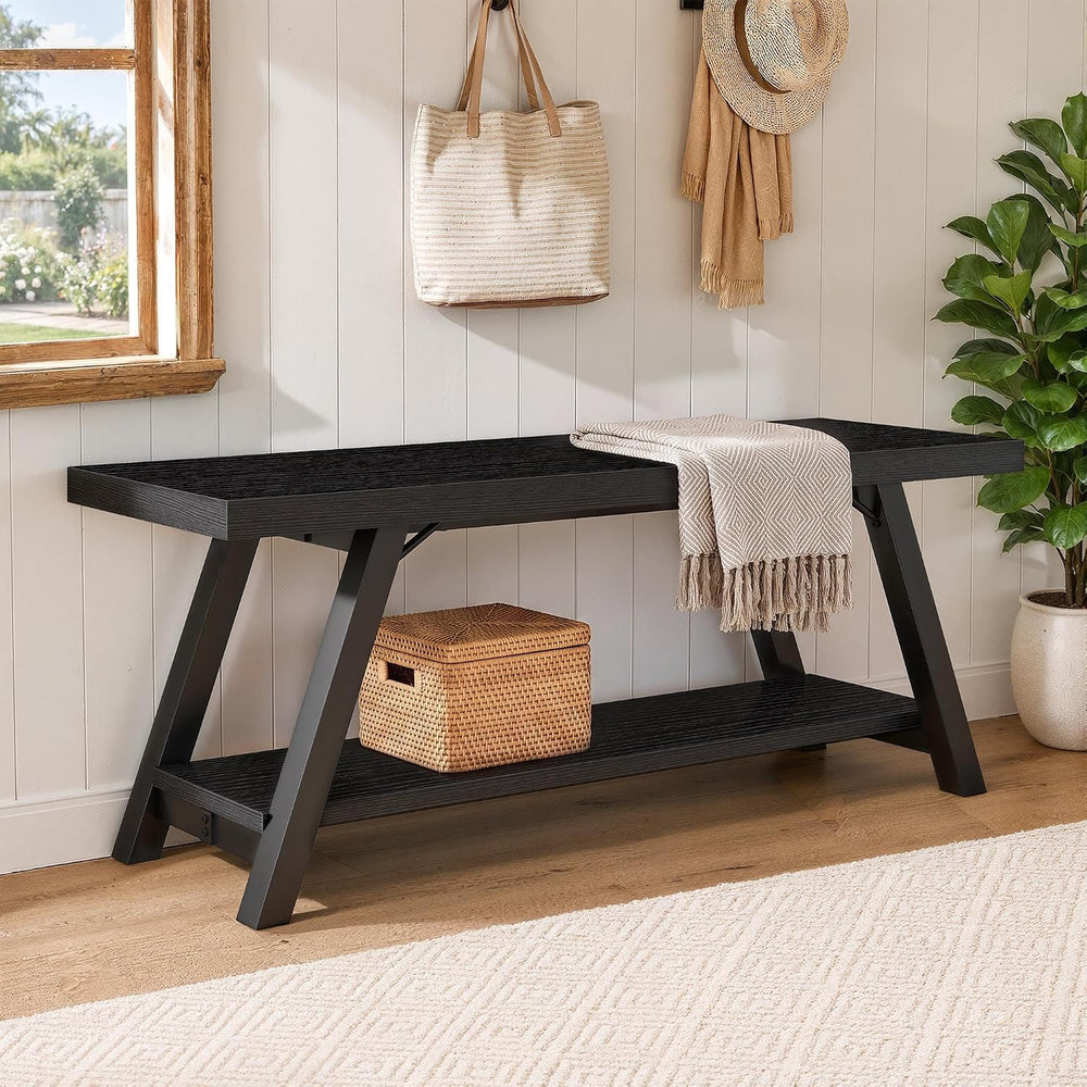 LVB Black Entryway Bench with Storage, Wood Bench for Entryway, 47 in