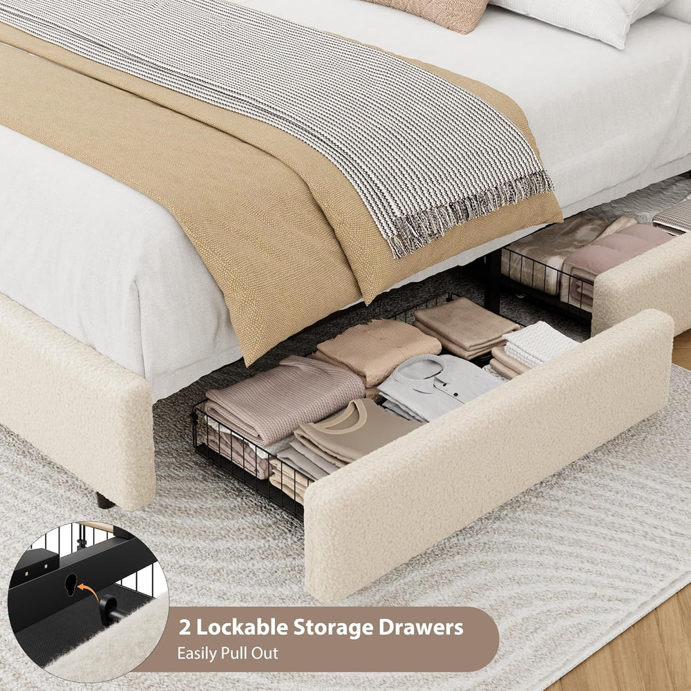 GarveeHome Queen Size Bed Frame with 2 Storage Drawer, Cream Beige