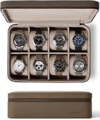 TAWBURY Watch Case - 8 Slot Genuine Top-Grain Leather Watch Box for Men & Women with Extra Wide Pillows for Large Watches - Portable Wristwatch Storage for Home & Travel (Taupe)