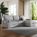 96.1 Inch L-Shaped Convertible Sectional Sleeper Sofa with Pull Out Bed, Storage Bags and 2 Hidden Cup Holders on Arms, Upholstered Corner Couch for Living Room Office Apartment, Gray